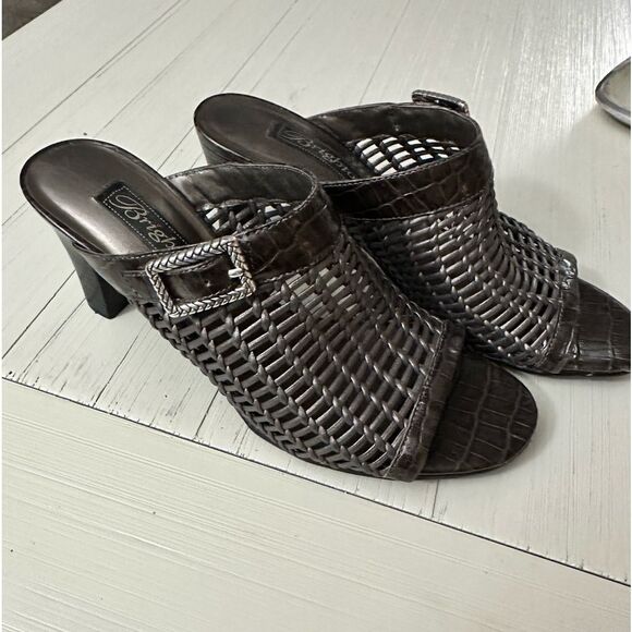 Brighton Pewter Silver Woven Reed Slides with Buckle Open Toe High Heels 7.5 - Picture 2 of 11